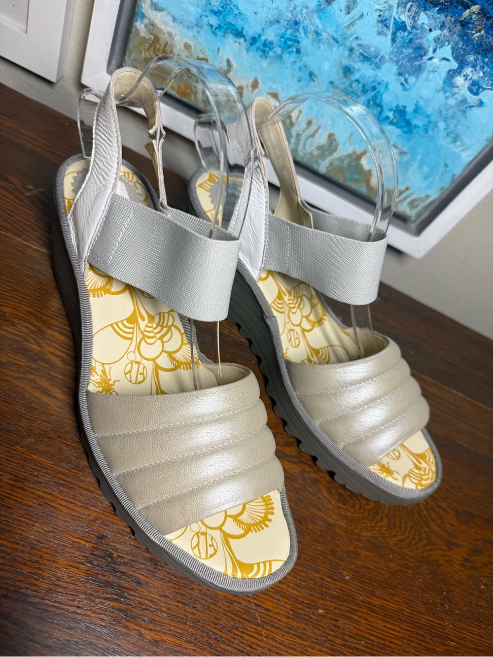 Fly London Silver/White Quilted Elastic Ankle Wedge Sandal Platform SZ 10.5 41